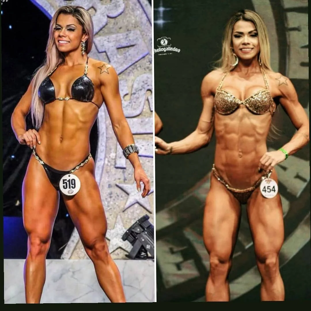 Duas fotos de palco de Viviane Andrade em competição, de traje de atleta, com os números 519 e 454 no peito